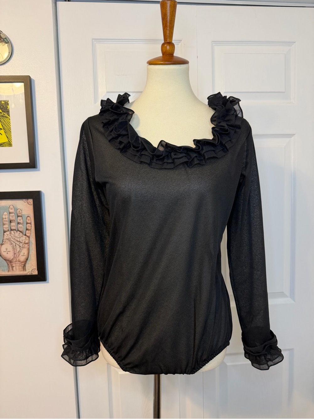 Vintage Disco Era Ruffle Collar & Cuff Bodysuit – Solid Black